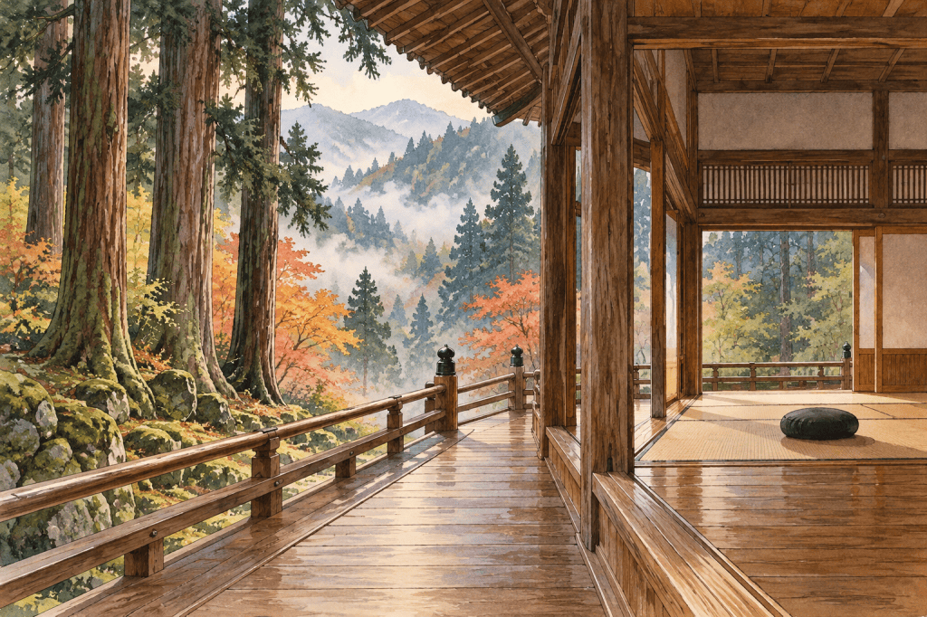 杉林と静かな禅寺の回廊を想像して描いたAI生成イラスト