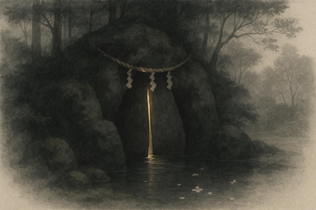 Illustration: a mossy rock cave in a hushed forest with a thin seam of golden light escaping from behind a great stone, evoking the myth of the sun goddess Amaterasu hiding in the cave