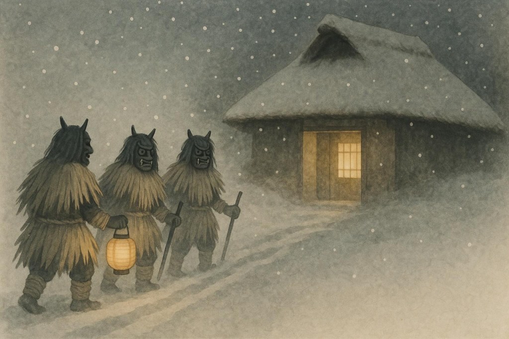 Illustration: three masked Namahage figures in shaggy straw capes walking through falling snow at night toward the lantern-lit doorway of a thatched farmhouse