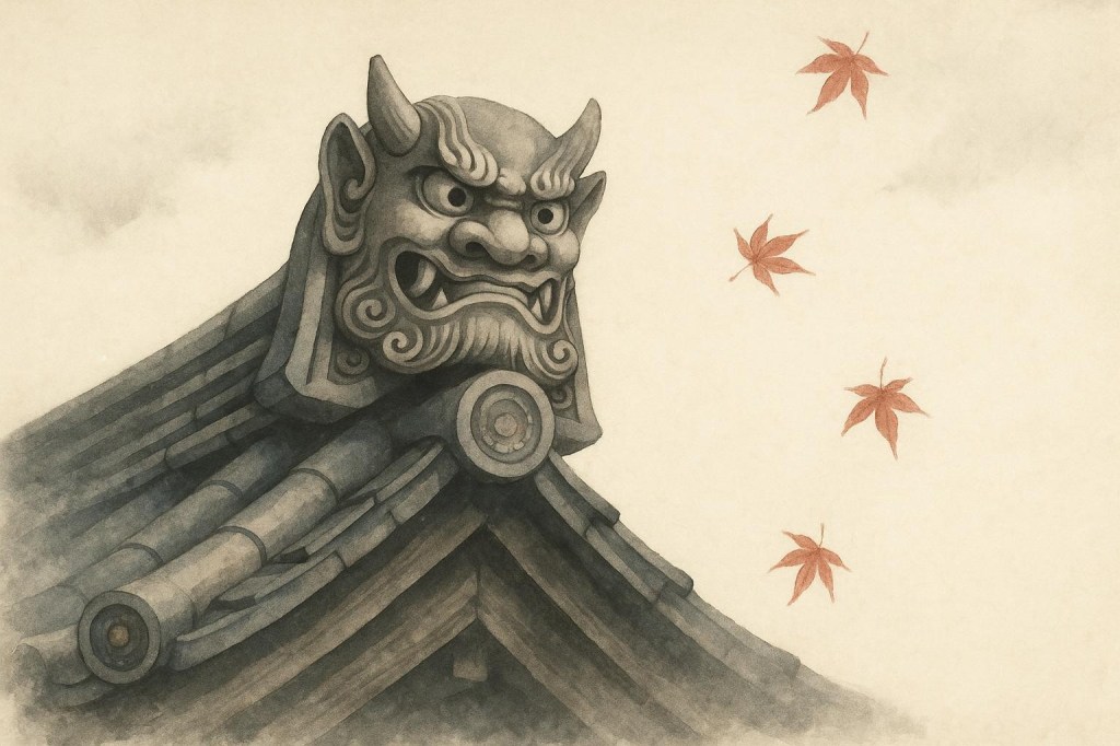 Illustration: a silver-grey demon-faced onigawara tile watching from the end of a tiled roof ridge, with red maple leaves drifting across a pale autumn sky