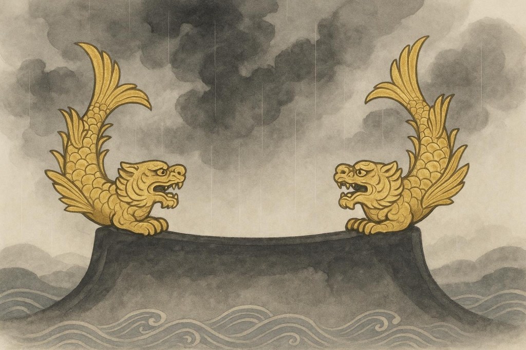 Illustration: a pair of golden tiger-headed shachihoko fish with tails raised, perched on a roof ridge amid swirling ink clouds, rain and stylized waves