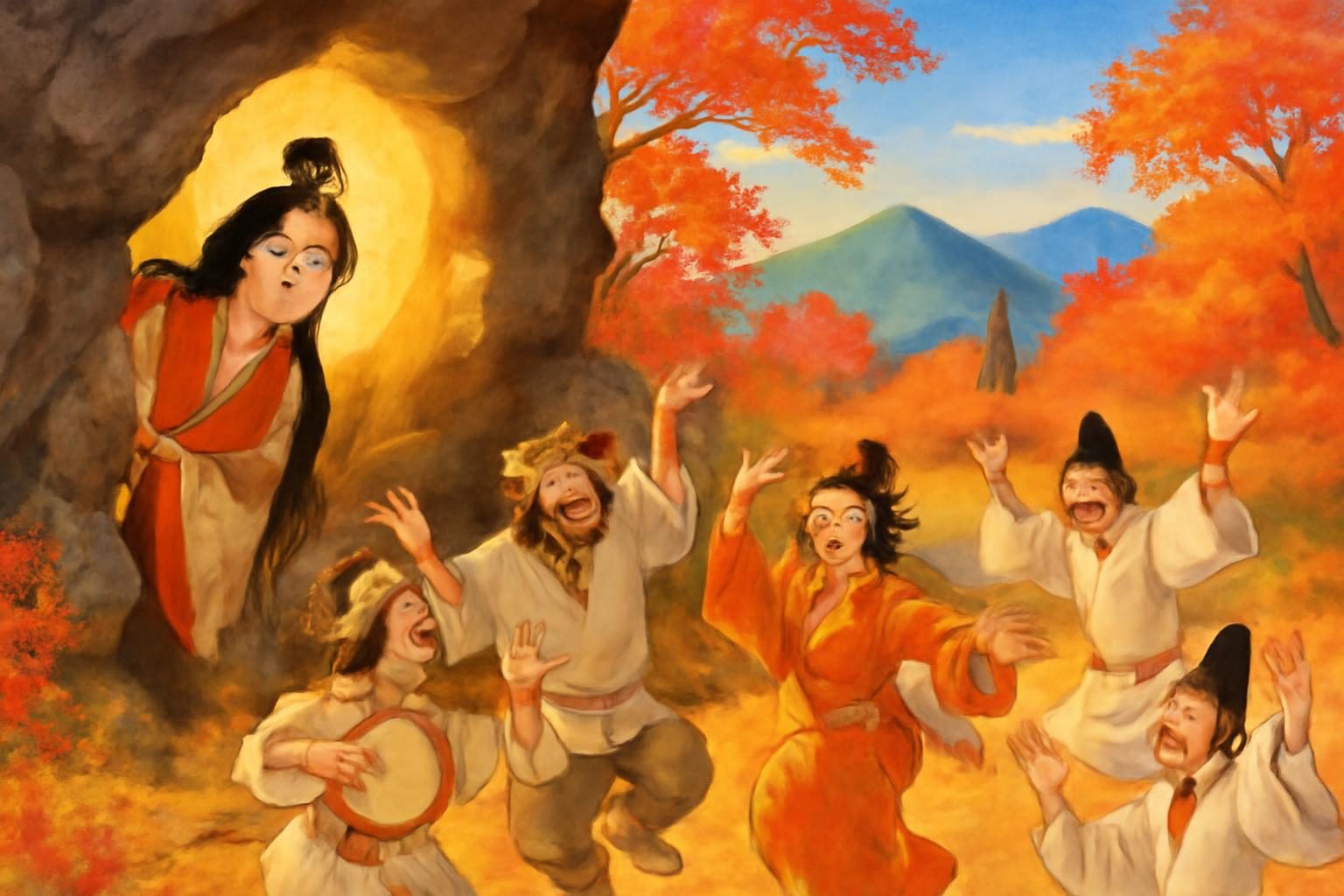 Amaterasu peeks from a cave as deities dance joyfully in an autumn landscape, symbolizing light and renewal.