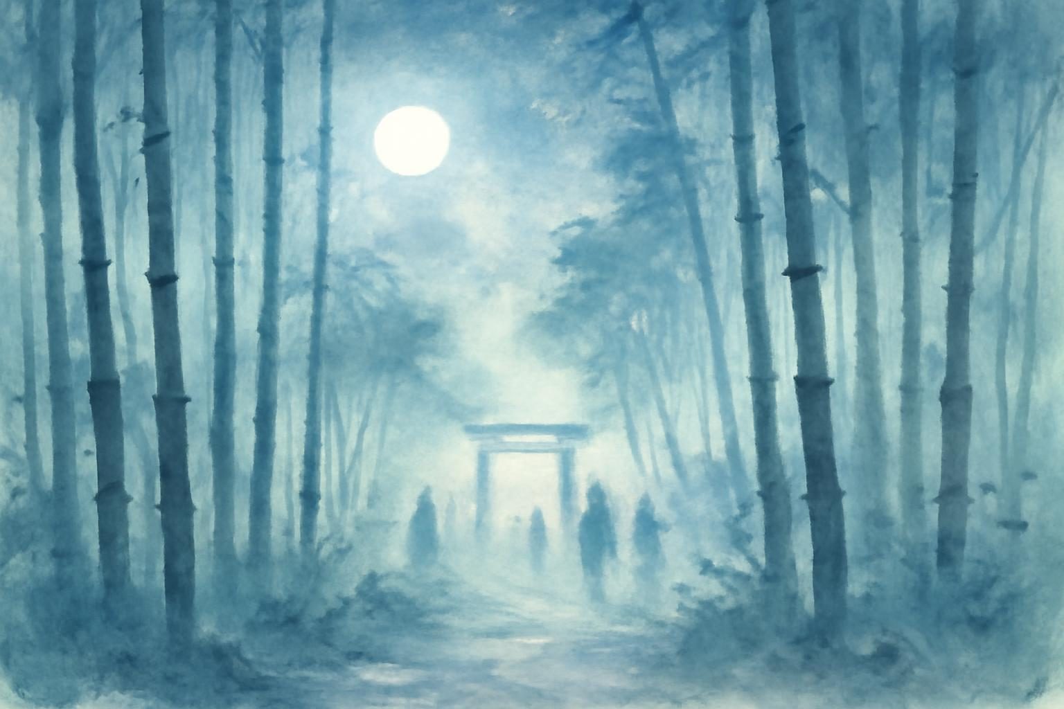 A moonlit bamboo forest with ethereal light, distant silhouettes, and a torii gate in soft watercolour hues.