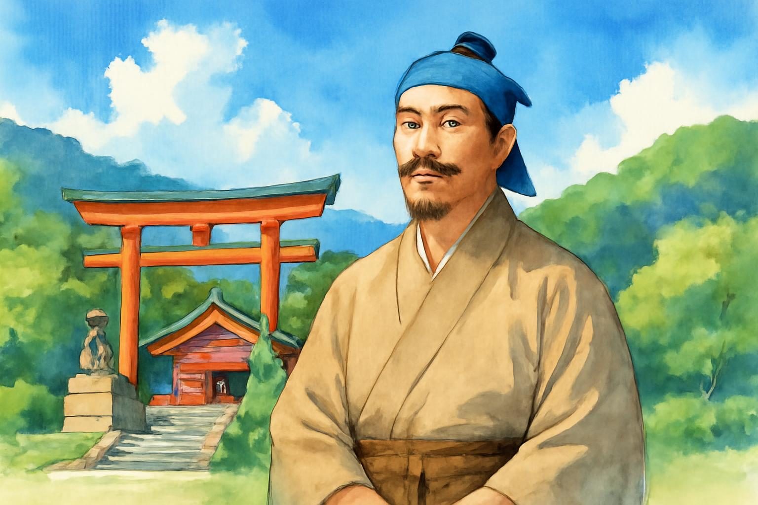 Yi Sam-pyeong at Sueyama Shrine in Arita, in a vibrant summer setting.