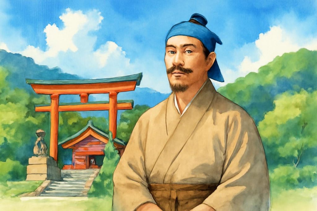 Yi Sam-pyeong at Sueyama Shrine in Arita, in a vibrant summer setting.