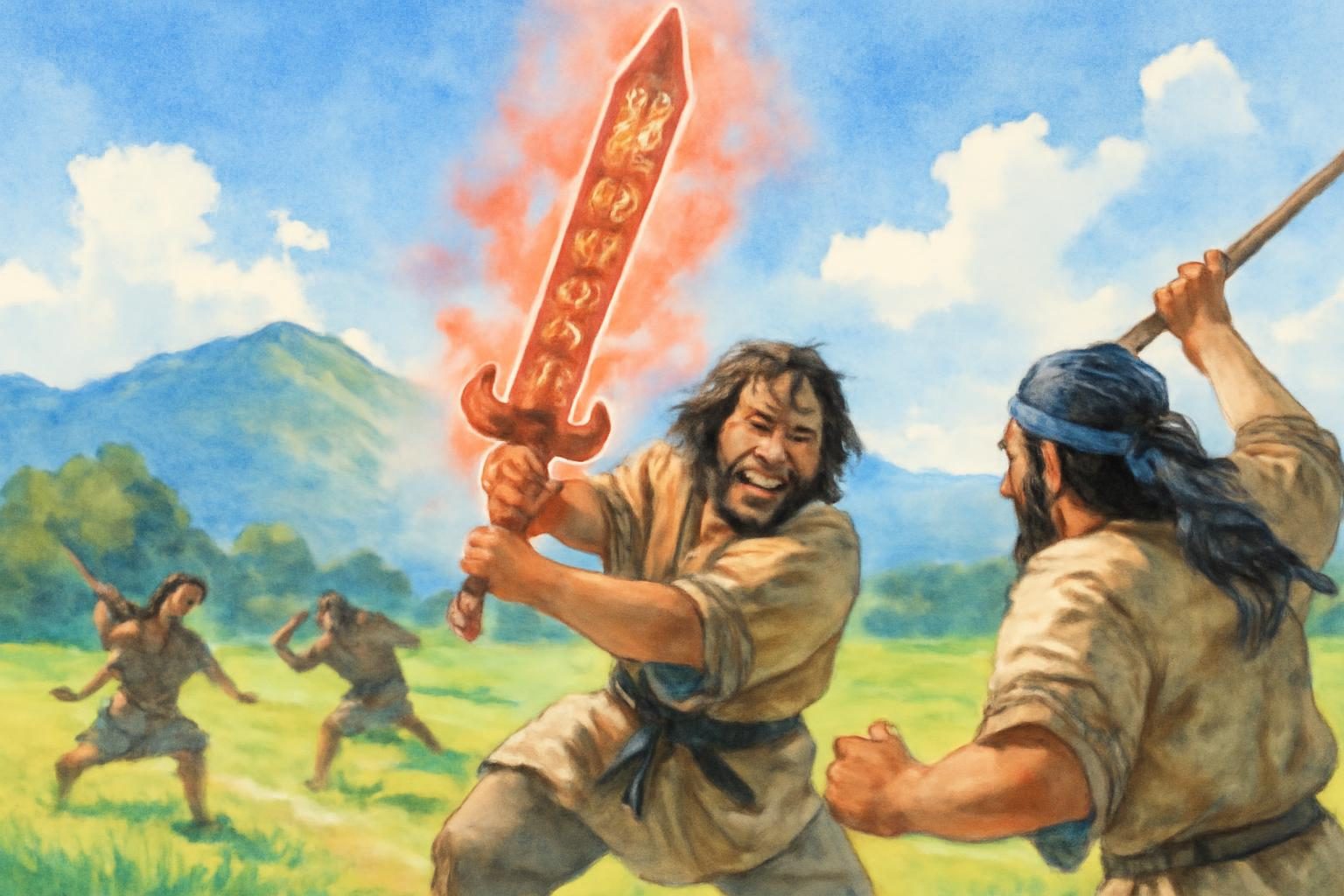 Watercolour of warrior with demon sword Ipetam in battle, vivid summer Asahikawa landscape.