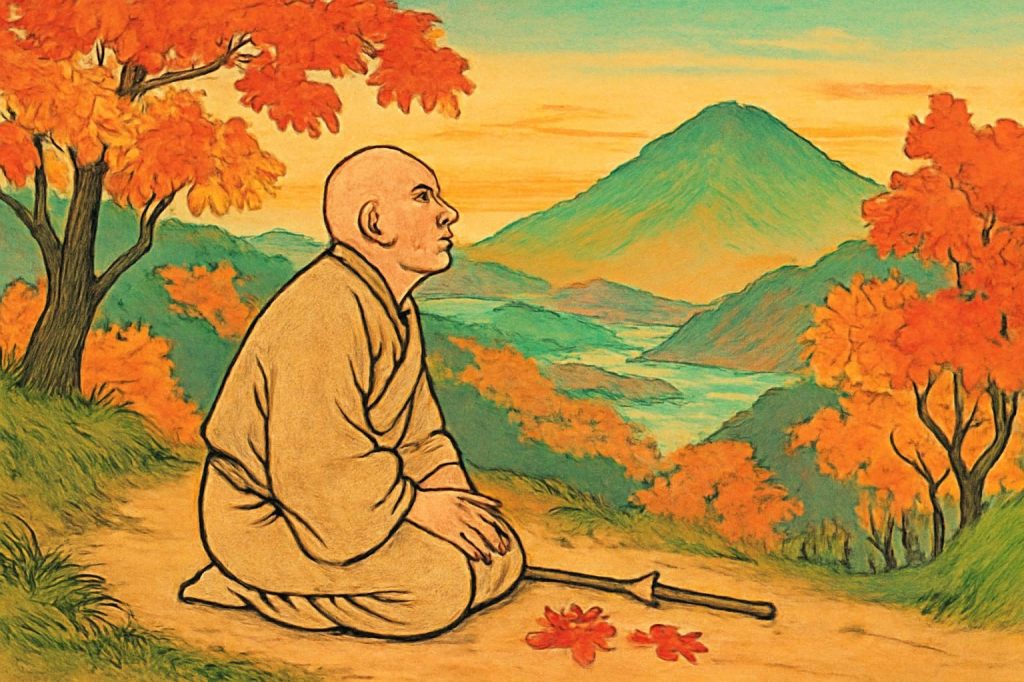 Emon Saburō kneels on an autumn trail, surrounded by vibrant foliage, symbolizing repentance in a serene landscape.