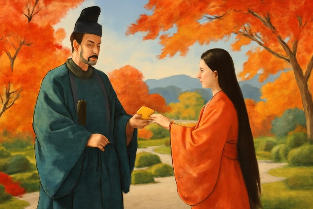 Sugawara no Michizane in a Zen garden, receiving Umegae-mochi amidst autumn foliage.