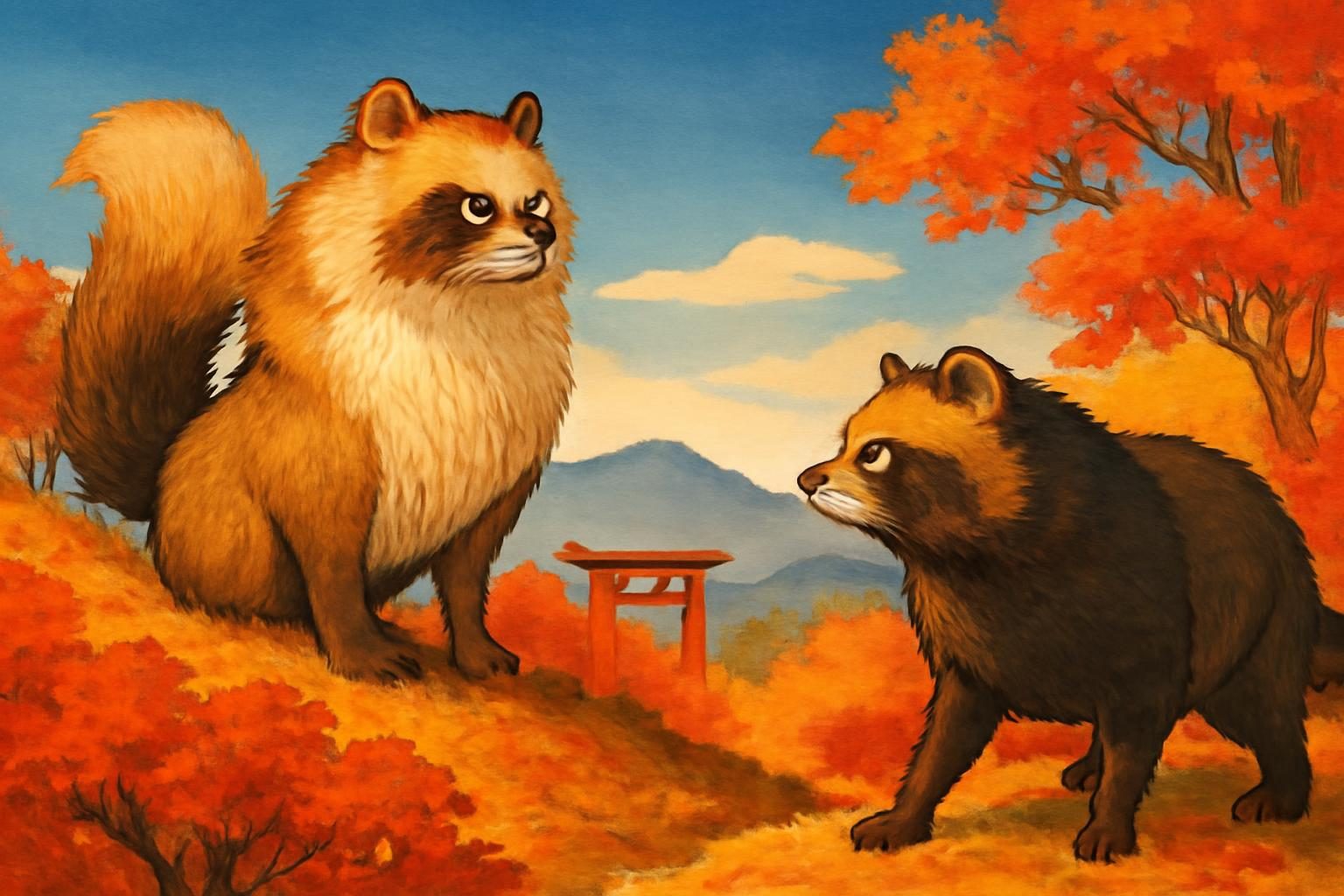 Kinchō and Rokuemon, mythical tanuki leaders, face off on an autumn hillside in Tokushima.
