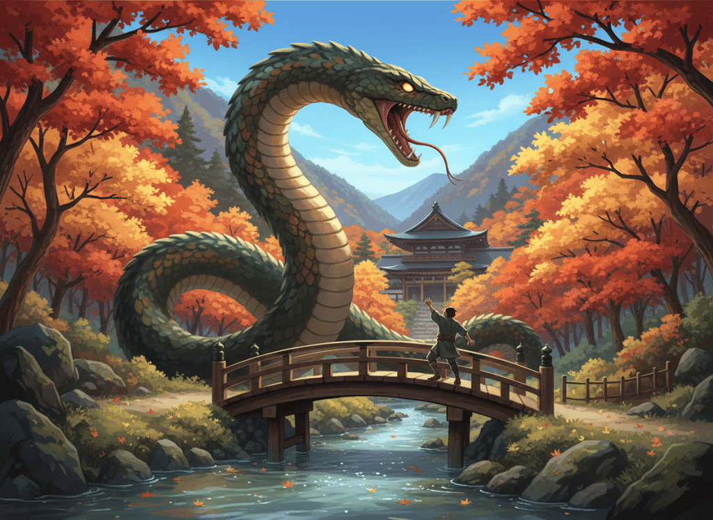 AI illustration: a giant serpent rises from the mountain stream at Kyomō Bridge, Buttsuji Temple, to threaten an unworthy traveller crossing, amid autumn maples