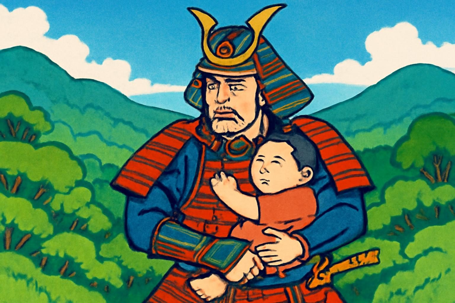 Kamiizumi rescuing a child in a bright summer landscape, ukiyo-e style.
