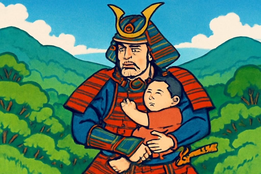 Kamiizumi rescuing a child in a bright summer landscape, ukiyo-e style.