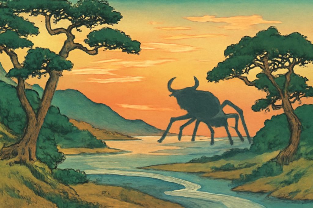 Ukiyo-e style illustration of a mythical scene with an Ushi-oni, mountains, river, and trees in warm afternoon light.