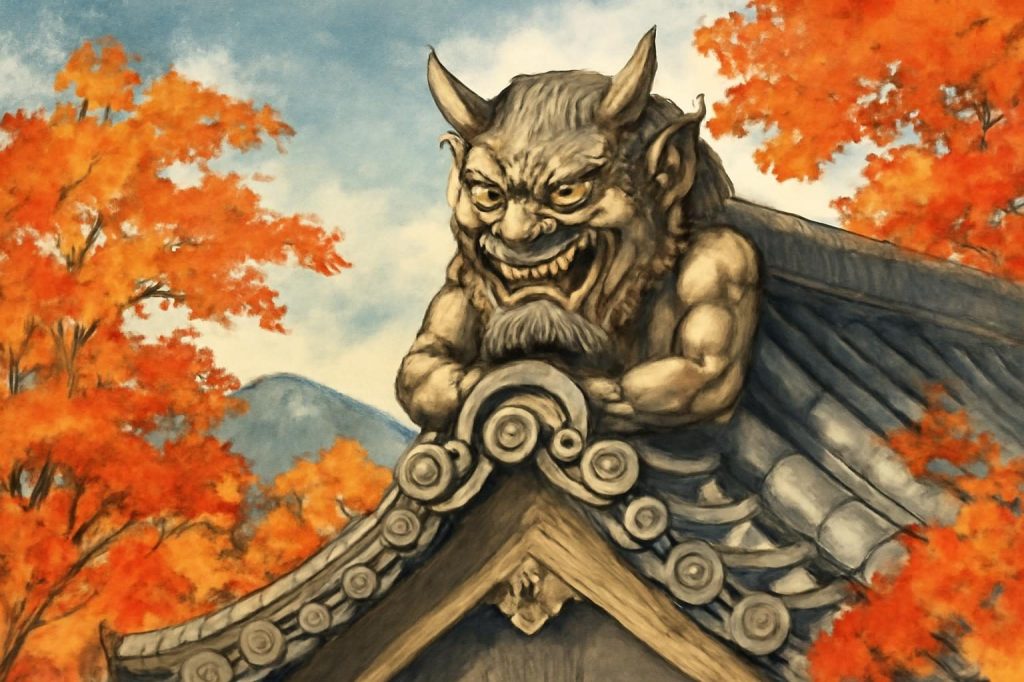Onigawara demon on a traditional roof, surrounded by autumn colors in Ōmihachiman.