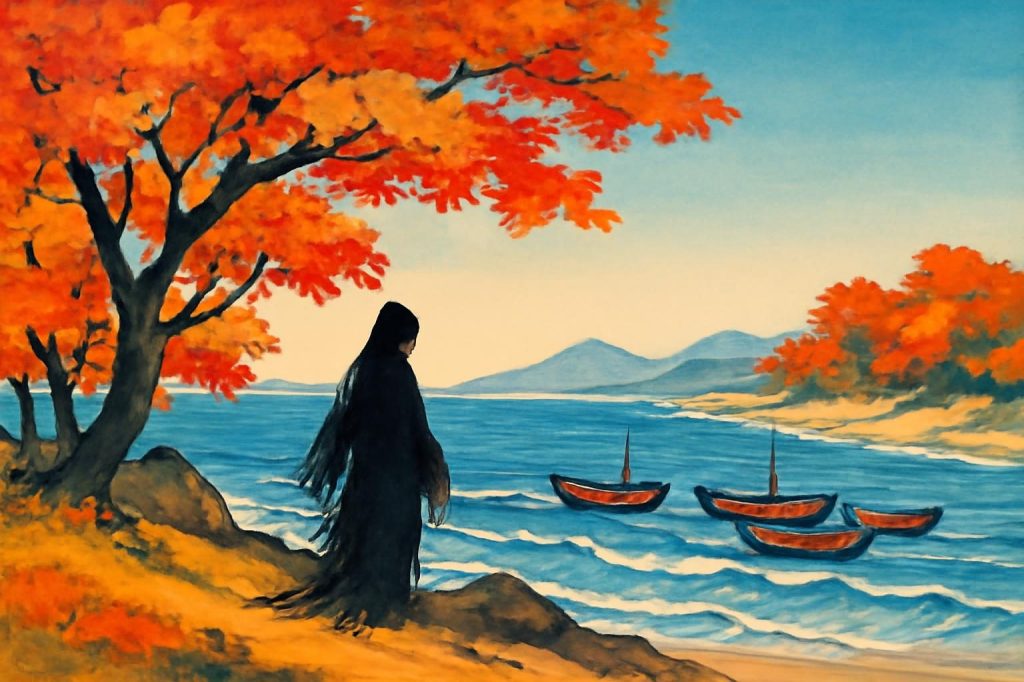 Ukiyo-e island scene with a mysterious silhouette and colorful autumn trees under a bright blue sky.