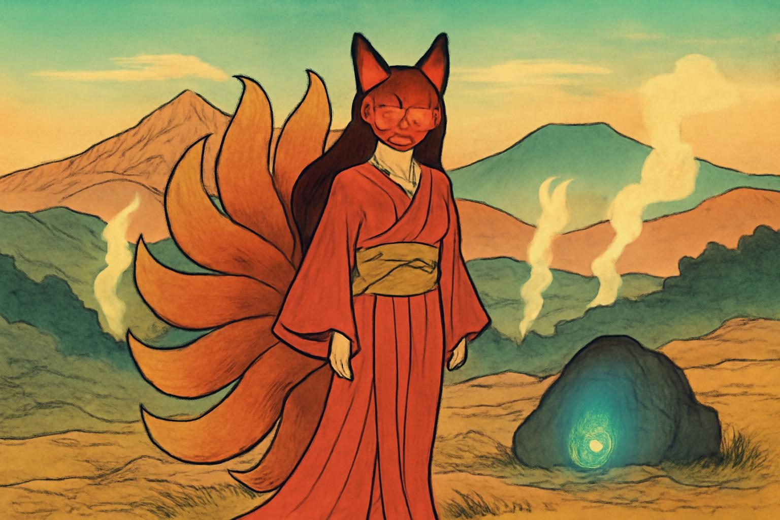 Tamamo-no-Mae, the nine-tailed fox spirit, in a Nasu landscape with glowing tails.