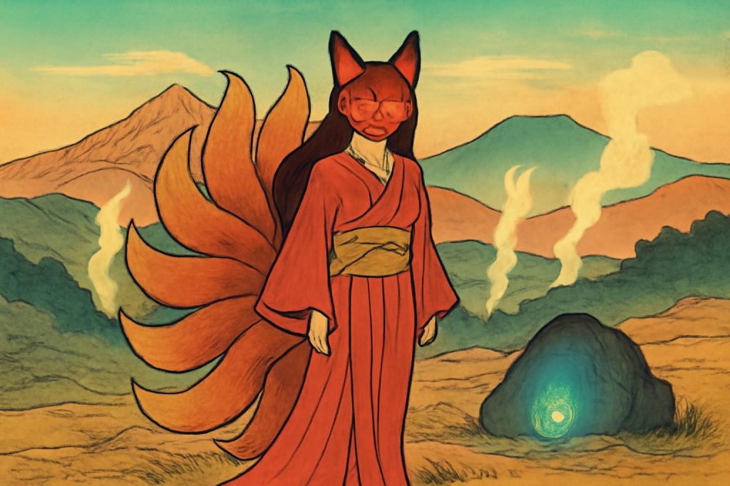 Tamamo-no-Mae, the nine-tailed fox spirit, in a Nasu landscape with glowing tails.