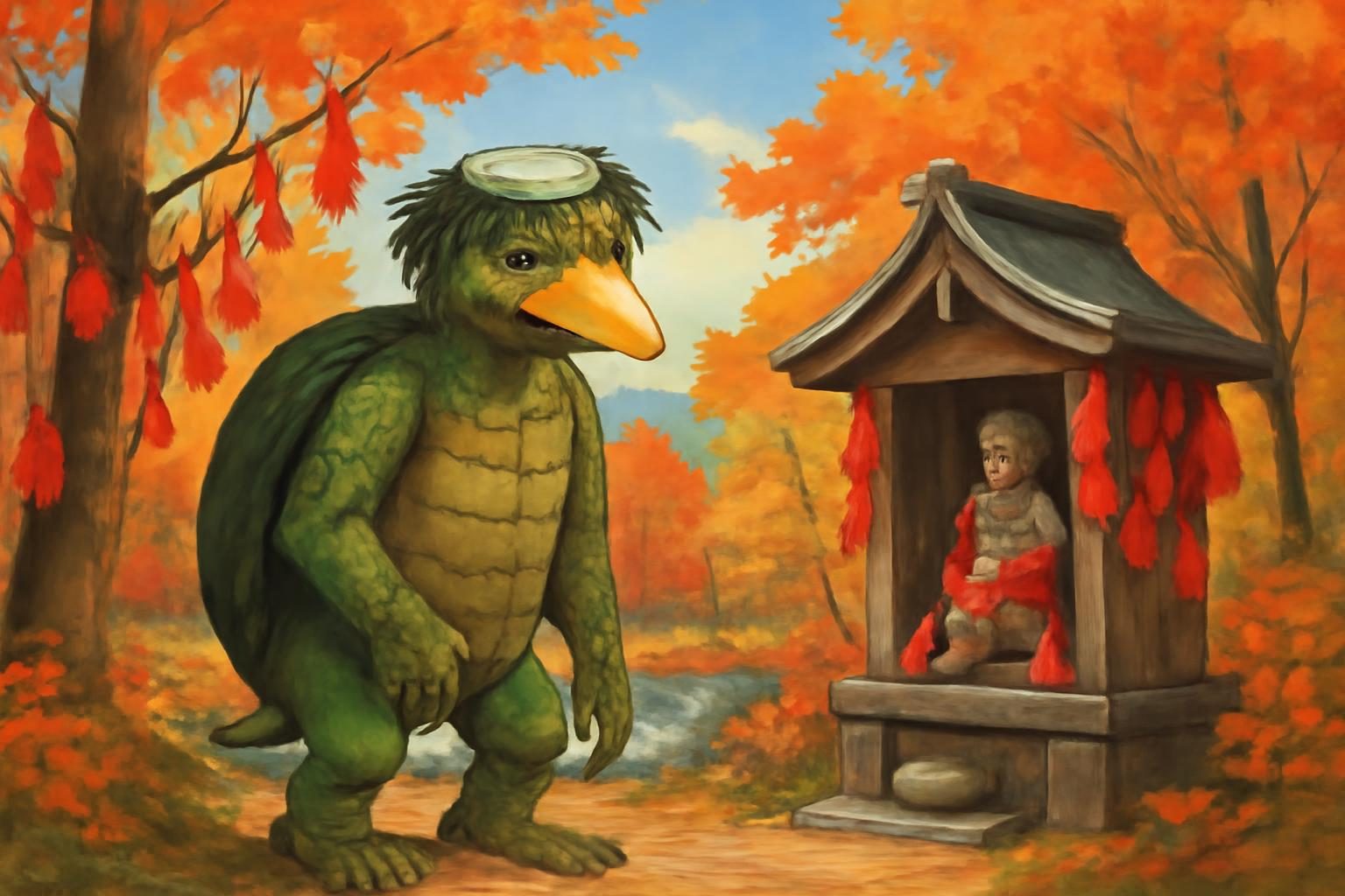 Kappa at Kappa-buchi shrine with red-cloth tokens in autumn setting.