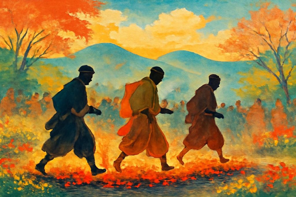 Yamabushi silhouettes fire-walking at Mount Takao festival, vibrant spring scene, ukiyo-e style.