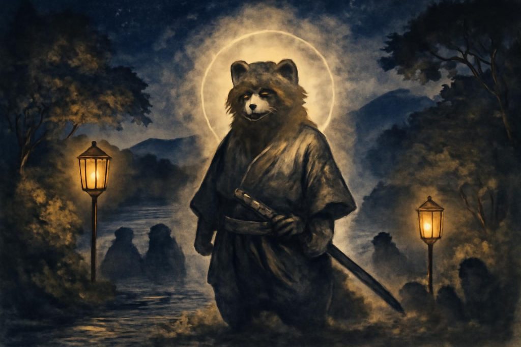 Kinchō the tanuki stands heroically by Katsuura River at night, lanterns glowing around.