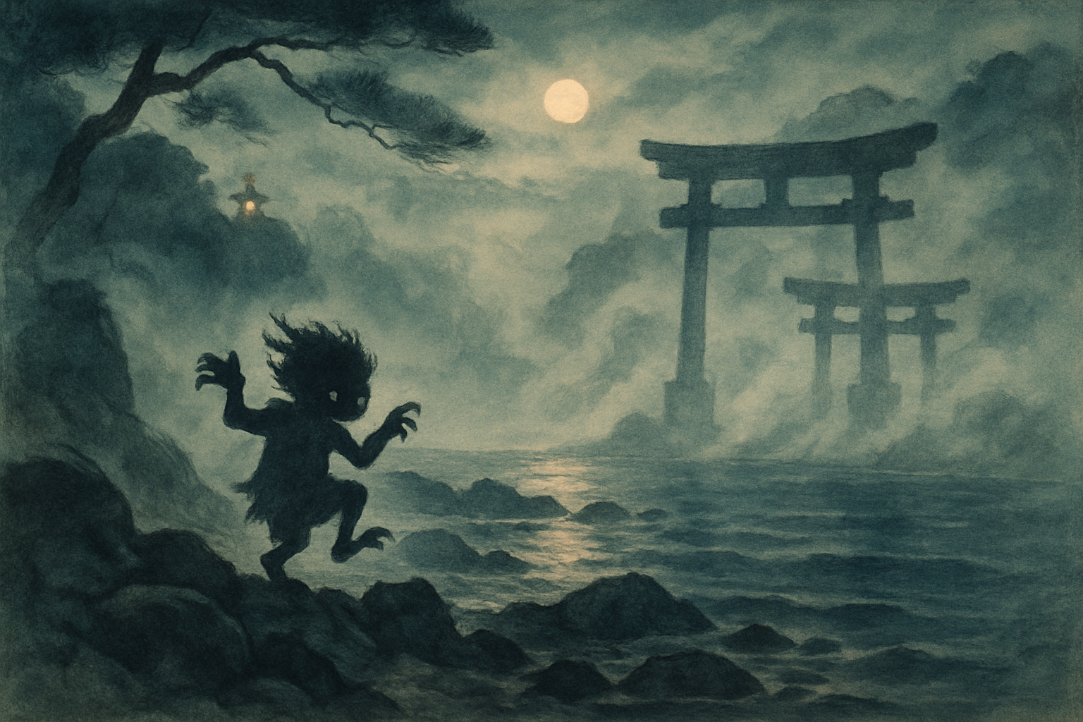Ukiyo-e style scene of the Medotsu legend with misty coast, eerie silhouette, torii arches, and glowing lanterns.