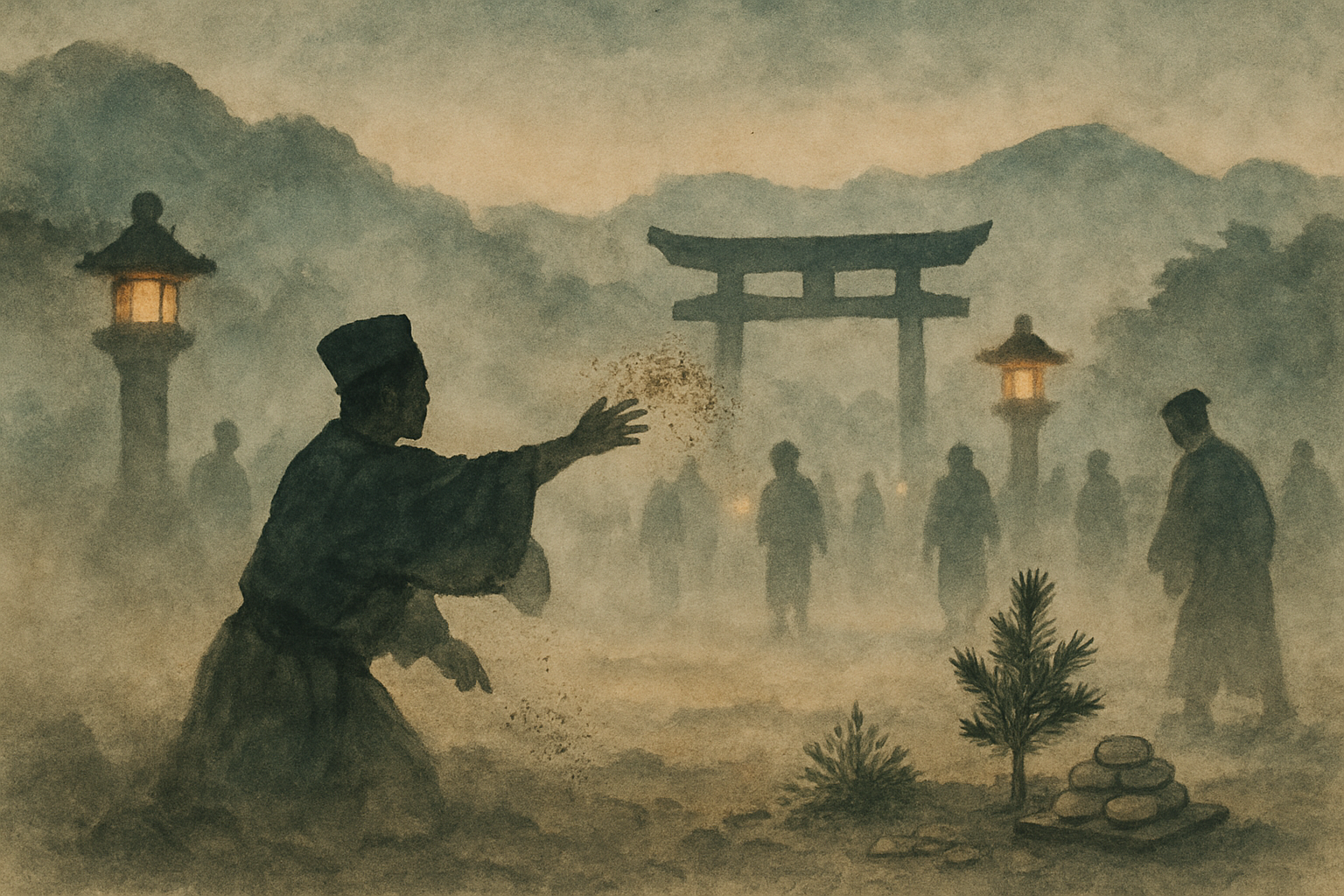 An ink-wash scene of a mythical festival with distant figures, misty mountains, lanterns, and symbolic sand-throwing rituals.