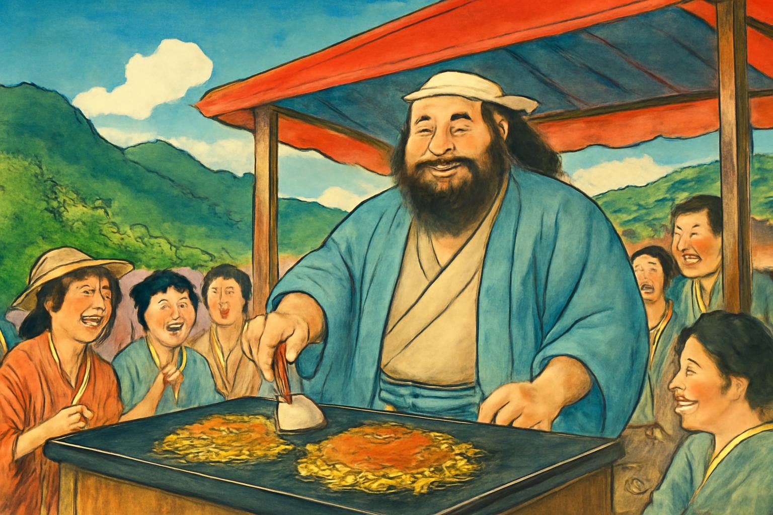 Hiroshi, mythical figure, cooking okonomiyaki at a lively street stall, Hiroshima post-war community scene.