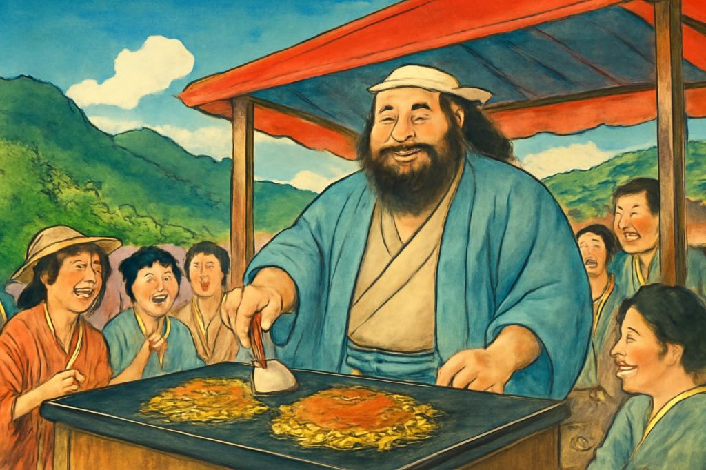 Hiroshi, mythical figure, cooking okonomiyaki at a lively street stall, Hiroshima post-war community scene.