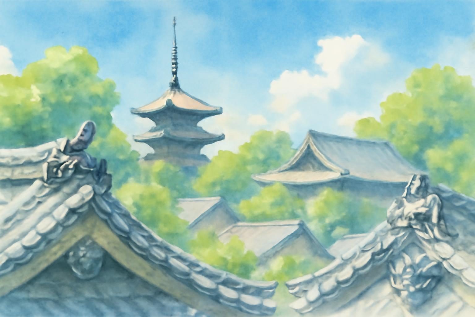 Watercolour scene of traditional Japanese rooftops with onigawara tiles against a bright summer sky.