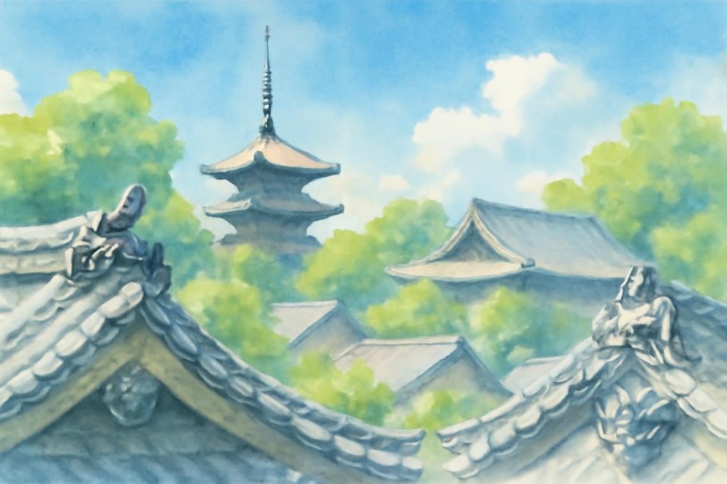 Watercolour scene of traditional Japanese rooftops with onigawara tiles against a bright summer sky.