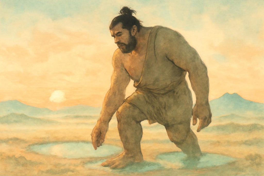 Daidarabocchi the giant on Kanto plain creating lake footprints, under a bright sunrise.