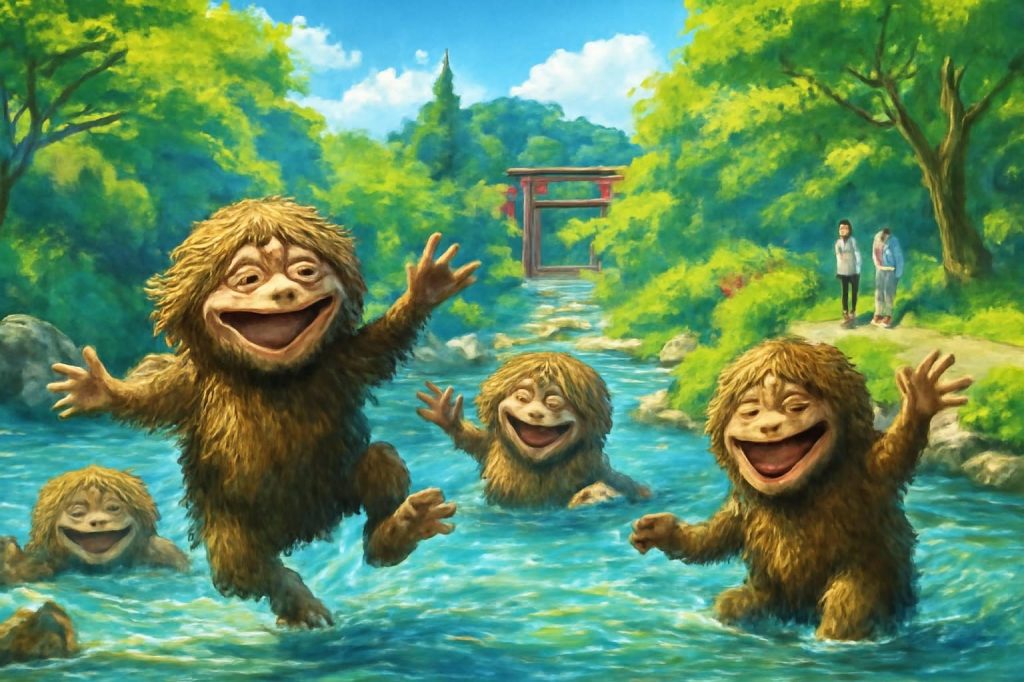 Hyōsube, hairy water spirits, play in a sunlit river with lush greenery, reflecting the folklore of Takeo.