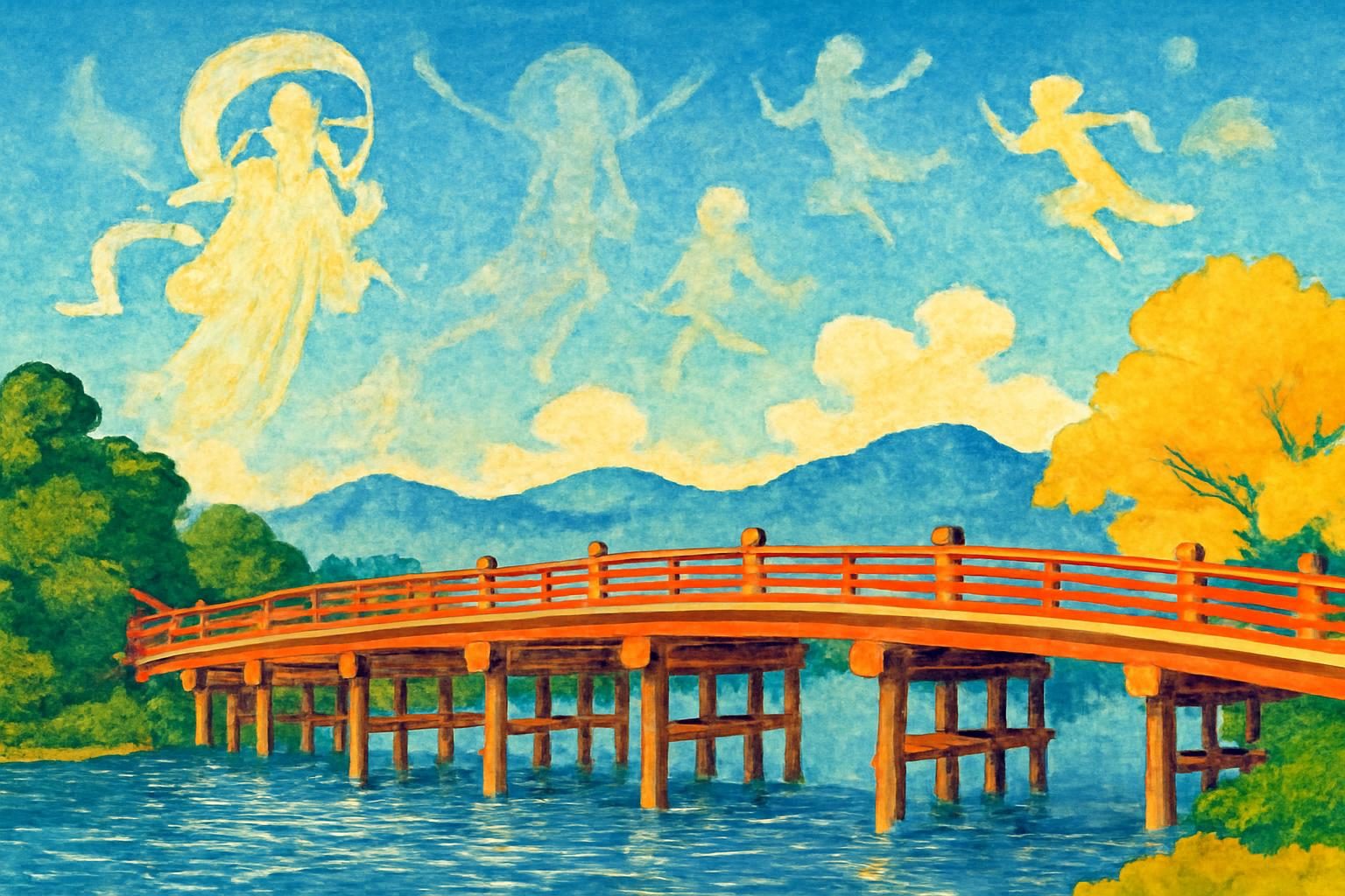 An ukiyo-e inspired illustration of a mystical bridge scene with vivid colors and ethereal silhouettes.