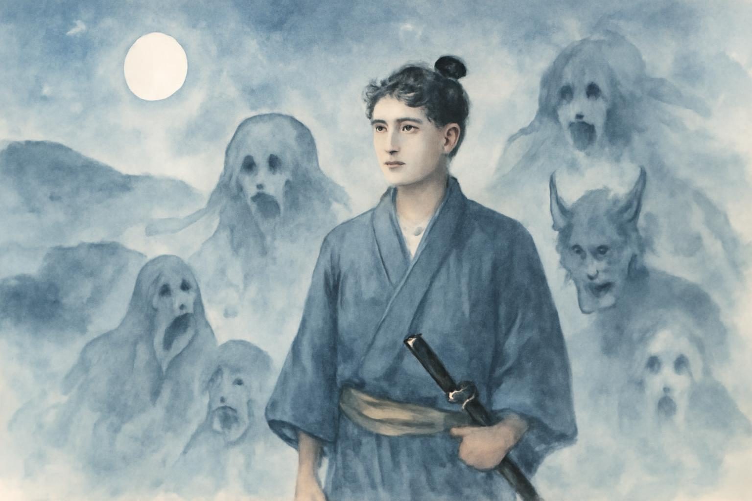 Ino Heitaro faced by ghostly shadows under a moonlit sky in a misty Miyoshi landscape.