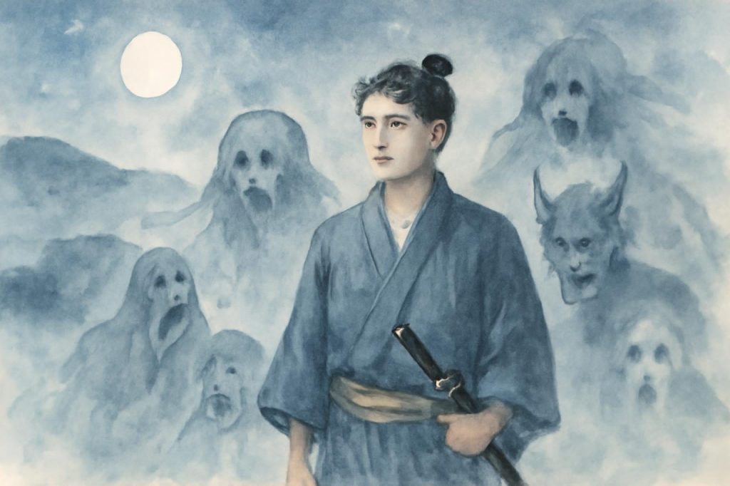 Ino Heitaro faced by ghostly shadows under a moonlit sky in a misty Miyoshi landscape.