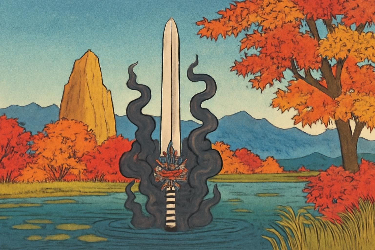 Ukiyo-e style of the Ipetam, a demon sword, emerging from a swamp with Tateiwa Rock in autumn colors.