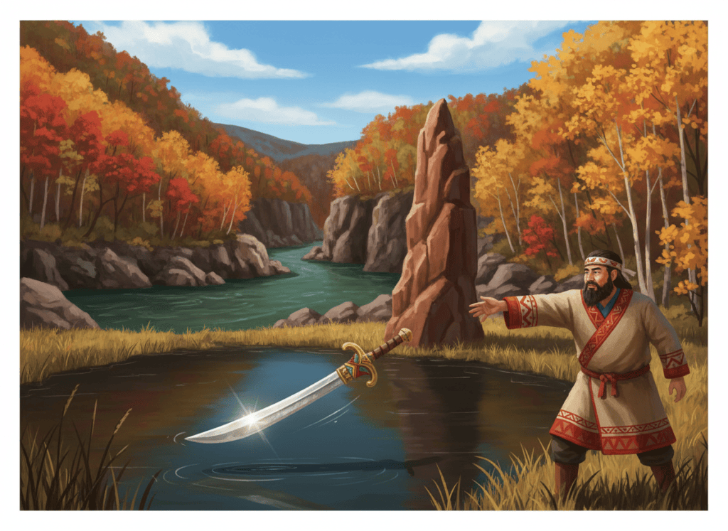 AI illustration: an Ainu village leader throws the man-eating sword Ipetam into the bottomless swamp Asam-sak-to beside the 8-metre red rock Tateiwa (Ipetam-suma), Ishikari River gorge, Kamikawa, Hokkaido