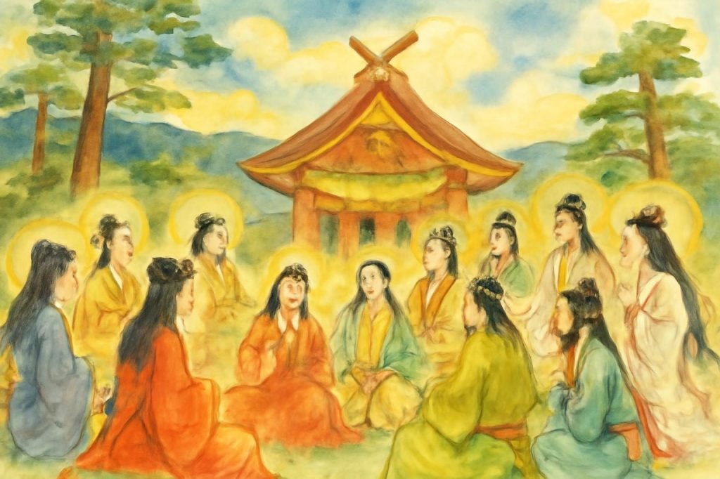 Deities in vibrant robes gather in Izumo Taisha's lush landscape during Kamiarizuki.
