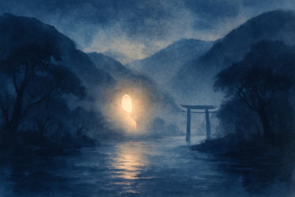 Mysterious ghost-light floats over a river, surrounded by misty mountains and trees, creating an eerie night scene.