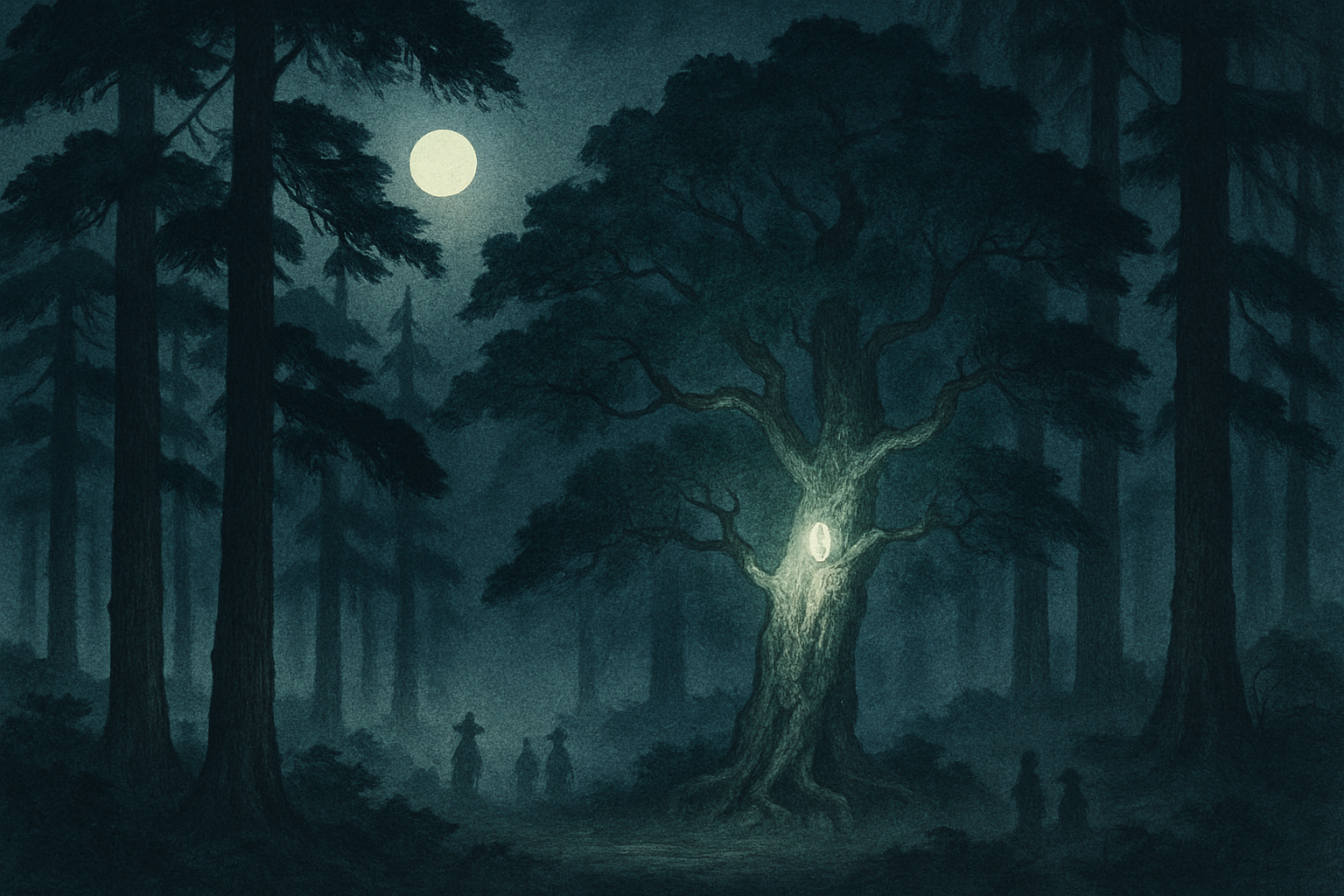 Ukiyo-e-inspired mystical forest with kaya trees and eerie night ambience, evoking Tsurube-otoshi folklore.