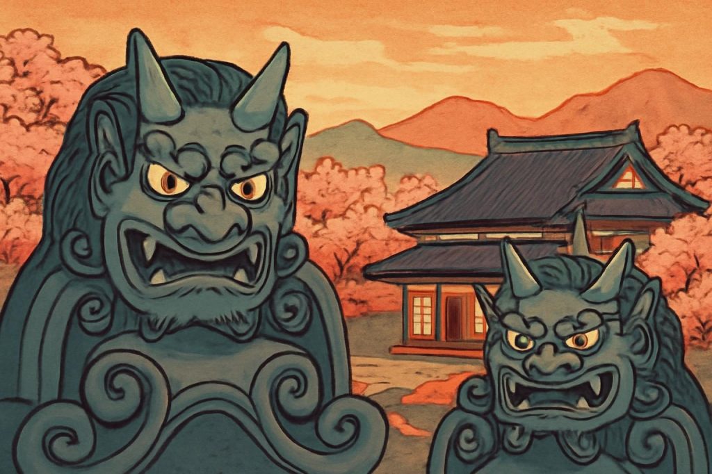 Ukiyo-e style demons from onigawara tiles guarding a Japanese home at sunset.