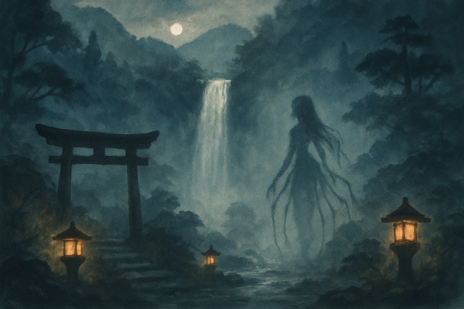 A mystical waterfall scene inspired by Japanese folklore, with mist, silhouettes, and lanterns creating an enchanting atmosph