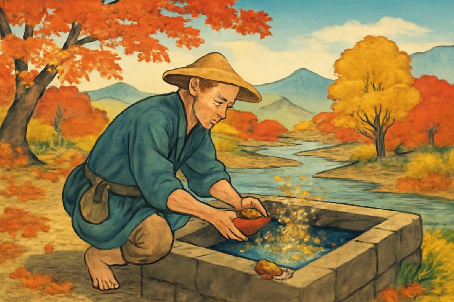 AI-generated fantasy inspired by the Togoro legend; imagined person, gold particles, setting and season.