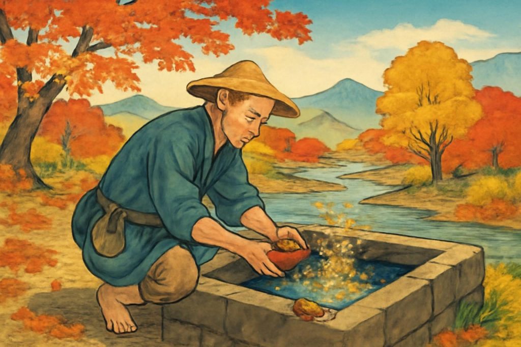 AI-generated fantasy inspired by the Togoro legend; imagined person, gold particles, setting and season. / 藤五郎伝説に着想を得たAIの想像図。