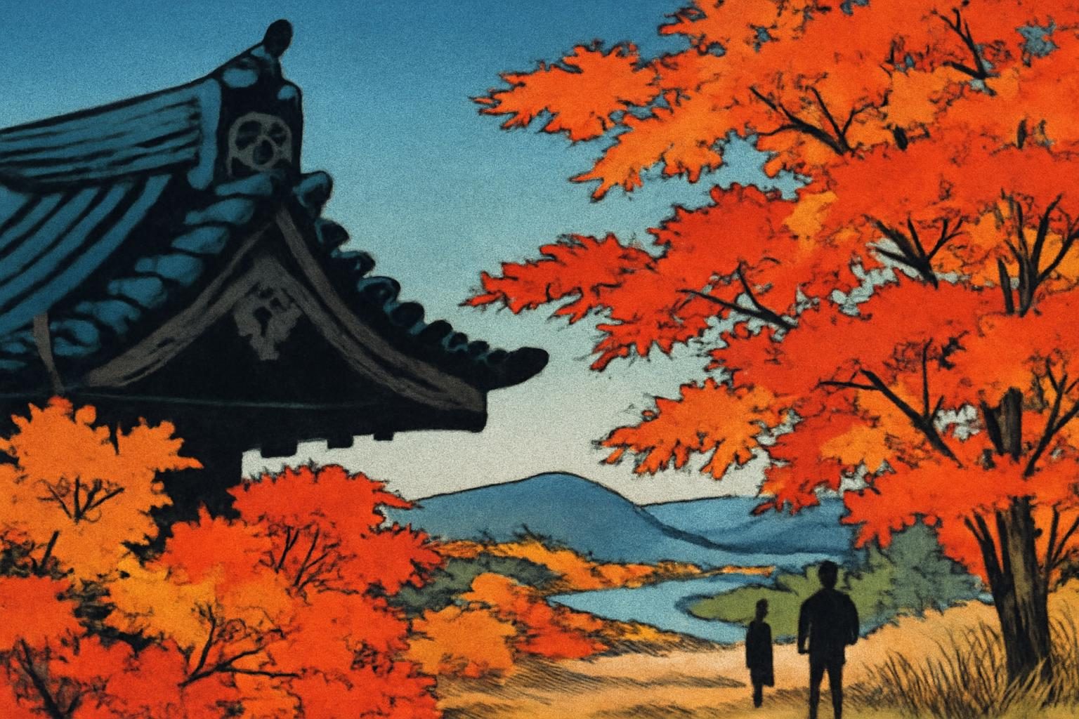 Ukiyo-e illustration of a Kyoto rooftop with onigawara tiles, autumn leaves, and distant hills under a clear blue sky.