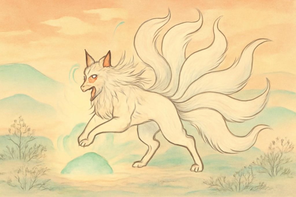Nine-tailed fox spirit Tamamo-no-Mae transforms into the Sesshō-seki amidst a Nasu-inspired landscape.