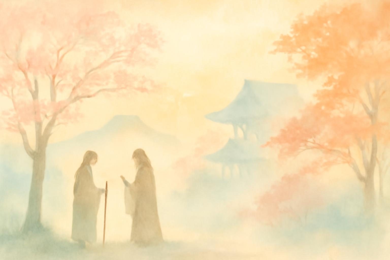 Watercolor scene of Mount Otowa with silhouettes of two figures meeting, surrounded by mist, trees, and distant temple outlin