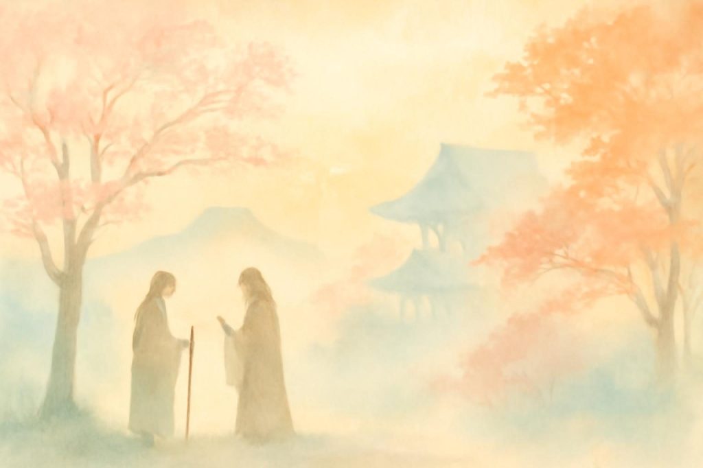 Watercolor scene of Mount Otowa with silhouettes of two figures meeting, surrounded by mist, trees, and distant temple outlin