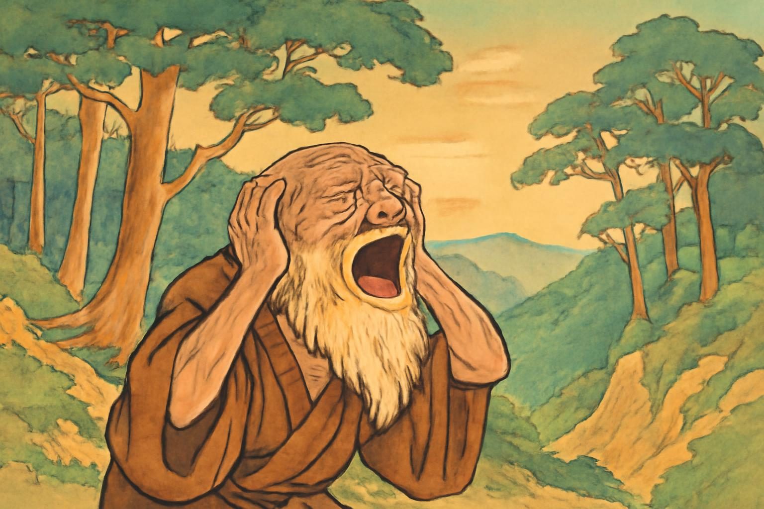 Konaki-jijii yokai crying in Fujikawa Valley's forest in golden afternoon light.