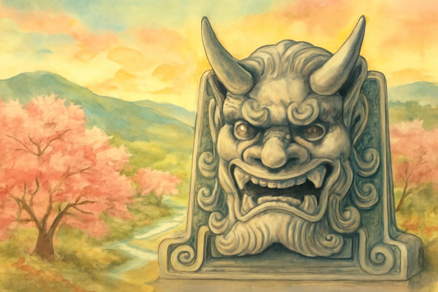 Onigawara spirit with lion-like face, horns, in a pastoral Kyoto landscape with cherry blossoms and a glowing sky.